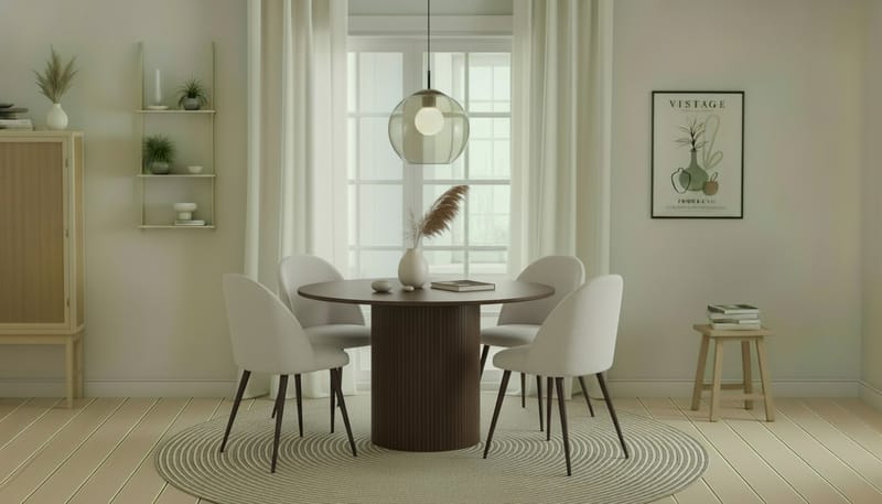 Kopparbo Runt Matbord 120 cm med 4 Nibe Plus Matstolar - Mörkbrun / Vit Bouclé / Metallben Valnöt - Möbler - Bord & matgrupper - Matgrupper