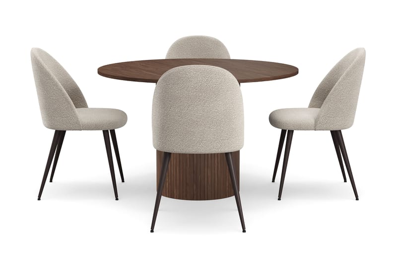 Kopparbo Runt Matbord 120 cm med 4 Nibe Plus Matstolar - Mörkbrun / Greige Bouclé / Metallben Valnöt - Möbler - Bord & matgrupper - Matgrupper