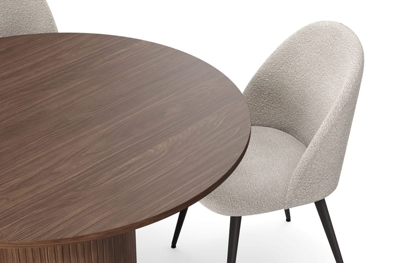 Kopparbo Runt Matbord 120 cm med 4 Nibe Plus Matstolar - Mörkbrun / Greige Bouclé / Metallben Valnöt - Möbler - Bord & matgrupper - Matgrupper