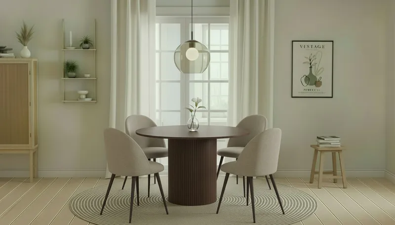 Kopparbo Runt Matbord 120 cm med 4 Nibe Plus Matstolar - Mörkbrun / Greige Bouclé / Metallben Valnöt - Möbler - Bord & matgrupper - Matgrupper