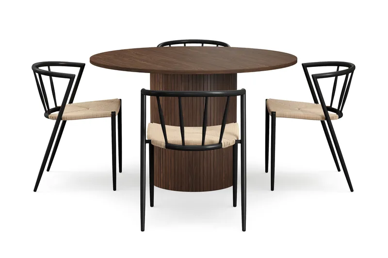 Kopparbo Runt Matbord 120 cm med 4 Winston Matstolar - Mörkbrun / Beige / Metallben Svart - Möbler - Bord & matgrupper - Matgrupper