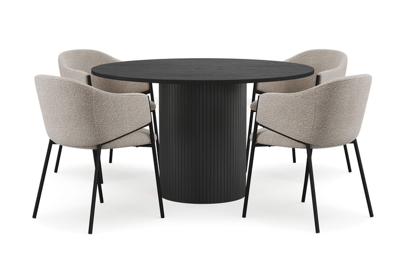Kopparbo Runt Matbord 130 cm med 4 Filip Matstolar, Svart trä / Taupe Bouclé
