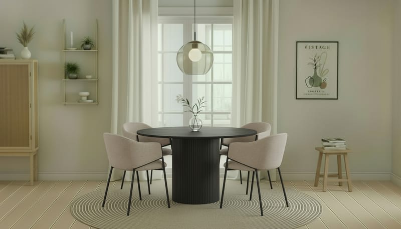 Kopparbo Runt Matbord 130 cm med 4 Filip Matstolar - Svart trä / Taupe Bouclé - Möbler - Bord & matgrupper - Matgrupper