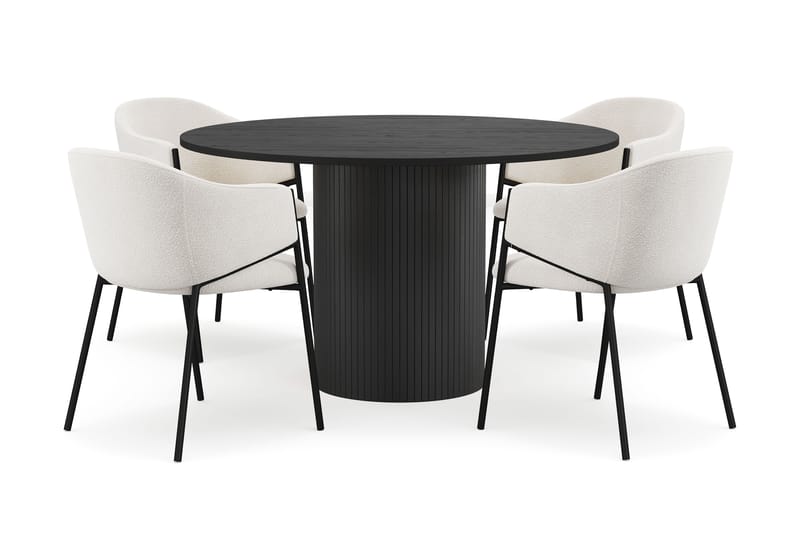 Kopparbo Runt Matbord 130 cm med 4 Filip Matstolar, Svart trä / Vit Bouclé