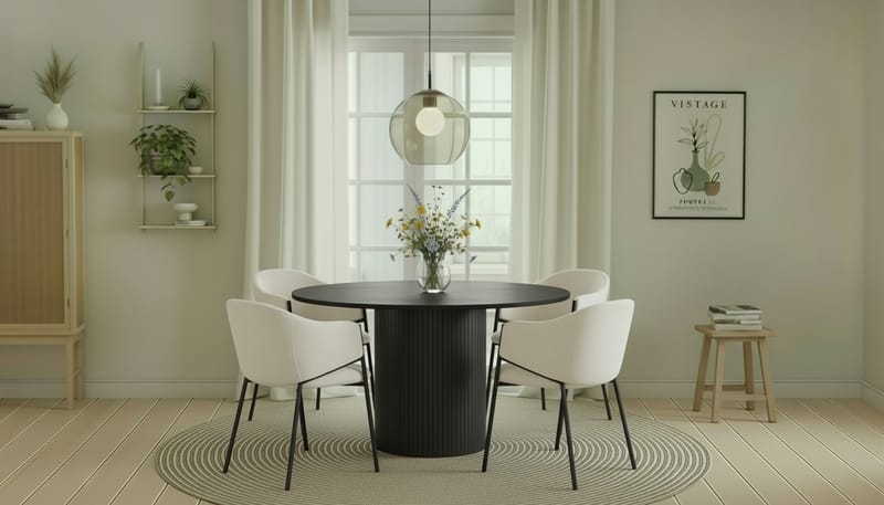 Kopparbo Runt Matbord 130 cm med 4 Filip Matstolar - Svart trä / Vit Bouclé - Möbler - Bord & matgrupper - Matgrupper