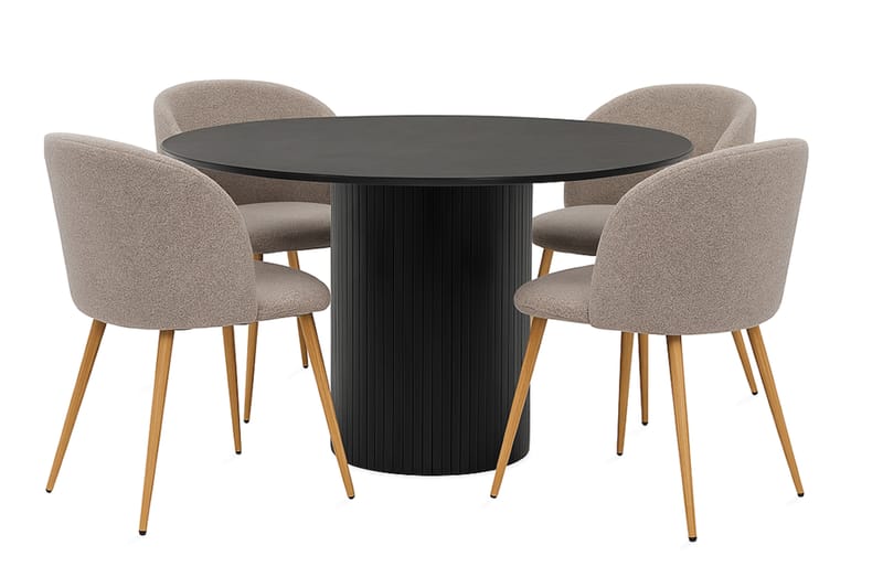 Kopparbo Runt Matbord 130 cm med 4 Greya Matstolar med armstöd, Svart trä / Greige Bouclé / Metallben Ek