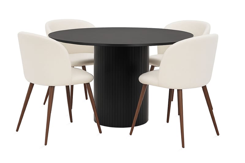 Kopparbo Runt Matbord 130 cm med 4 Greya Matstolar med armstöd, Svart trä / Vit Bouclé / Metallben Valnöt