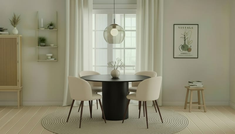 Kopparbo Runt Matbord 130 cm med 4 Greya Matstolar med armstöd - Svart trä / Vit Bouclé / Metallben Valnöt - Möbler - Bord & matgrupper - Matgrupper