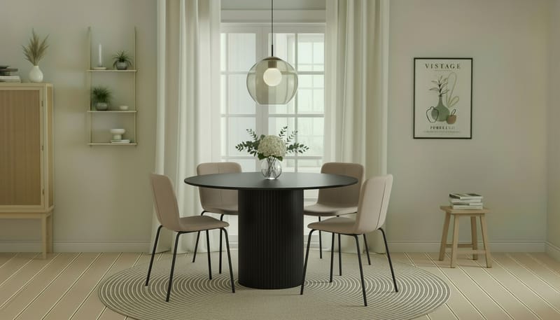 Kopparbo Runt Matbord 130 cm med 4 Katy Matstolar - Svart trä / Greige Bouclé / Metallben Svart - Möbler - Bord & matgrupper - Matgrupper