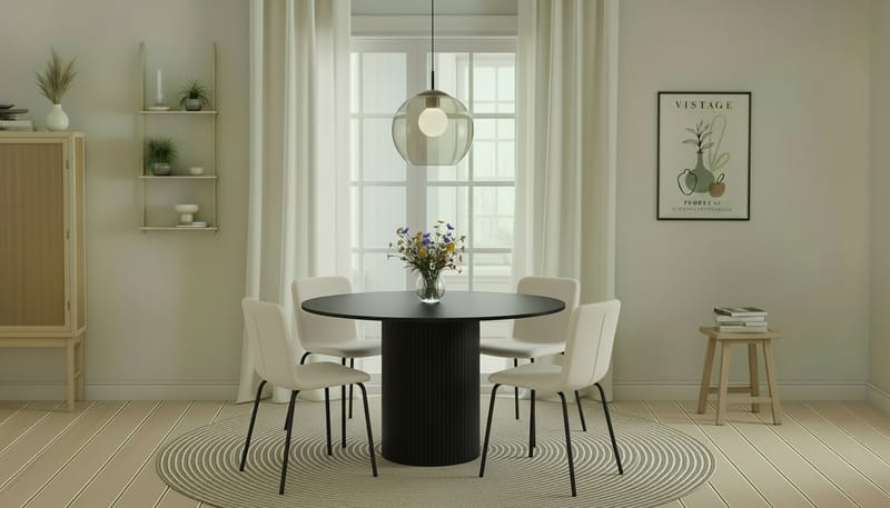 Kopparbo Runt Matbord 130 cm med 4 Katy Matstolar - Svart trä / Vit Bouclé / Metallben Svart - Möbler - Bord & matgrupper - Matgrupper