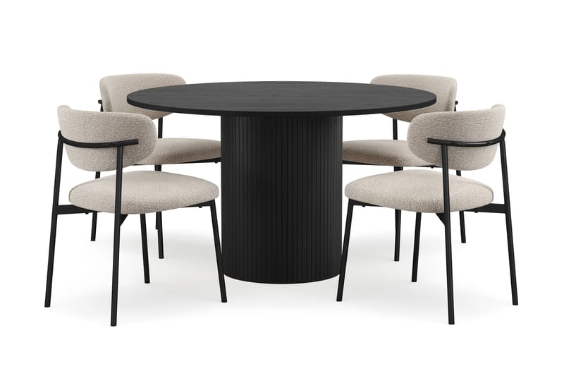 Kopparbo Runt Matbord 130 cm med 4 Lucy Matstolar, Svart trä / Greige Bouclé / Metallben Svart