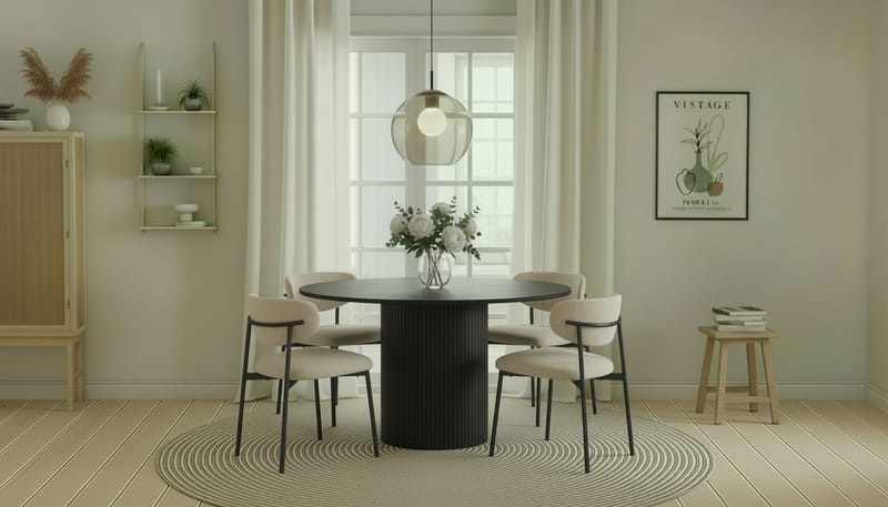 Kopparbo Runt Matbord 130 cm med 4 Lucy Matstolar - Svart trä / Greige Bouclé / Metallben Svart - Möbler - Bord & matgrupper - Matgrupper