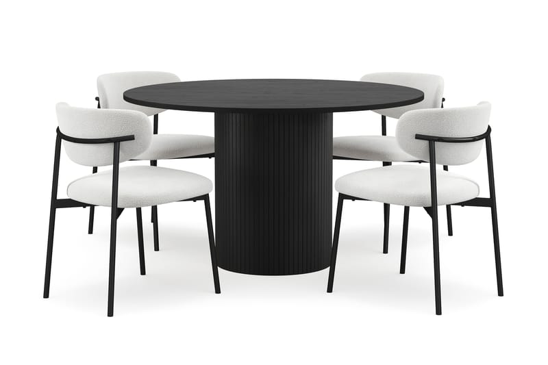 Kopparbo Runt Matbord 130 cm med 4 Lucy Matstolar, Svart trä / Vit Bouclé / Metallben Svart