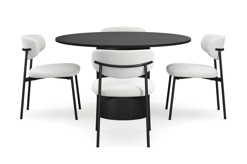 Kopparbo Runt Matbord 130 cm med 4 Lucy Matstolar - Svart trä / Vit Bouclé / Metallben Svart - Möbler - Bord & matgrupper - Matgrupper