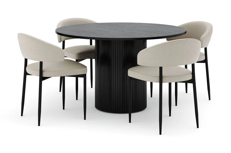 Kopparbo Runt Matbord 130 cm  med 4 Sawako Stolar, Svart