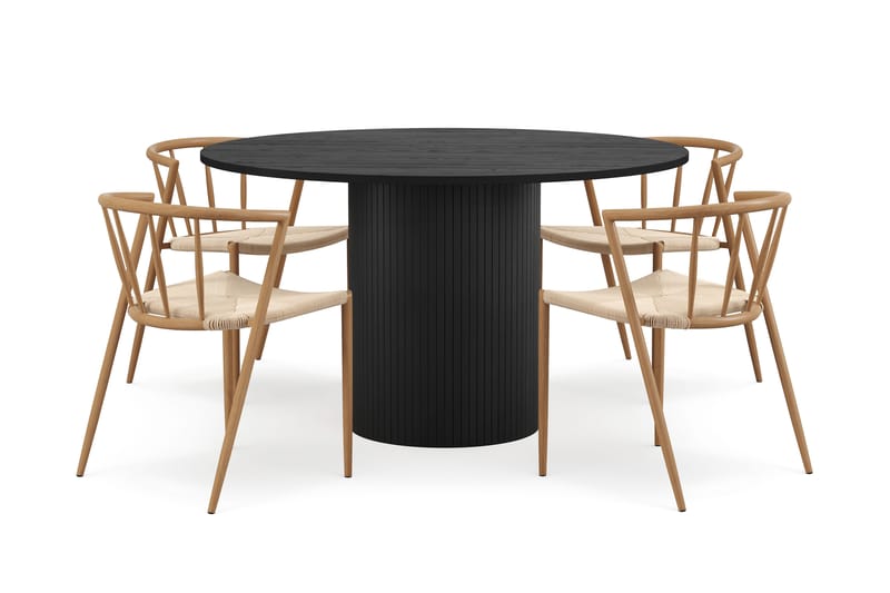 Kopparbo Runt Matbord 130 cm med 4 Winston Matstolar, Svart trä / Beige / Metallben Ek