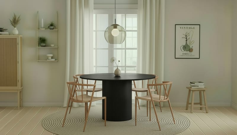 Kopparbo Runt Matbord 130 cm med 4 Winston Matstolar - Svart trä / Beige / Metallben Ek - Möbler - Bord & matgrupper - Matgrupper