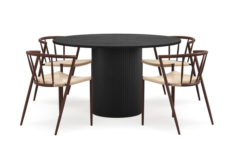 Kopparbo Runt Matbord 130 cm med 4 Winston Matstolar - Svart trä / Beige / Metallben Rökt ek - Möbler - Bord & matgrupper - Matgrupper