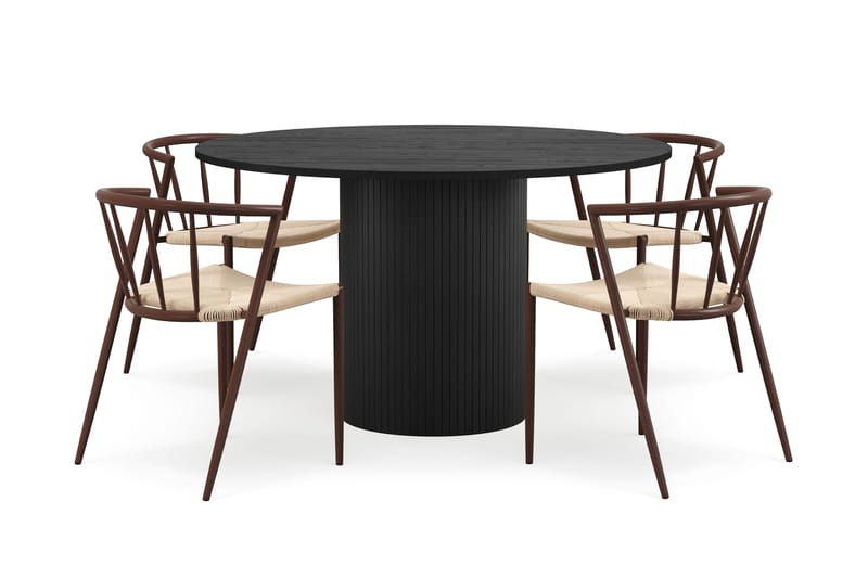 Kopparbo Runt Matbord 130 cm med 4 Winston Matstolar, Svart trä / Beige / Metallben Rökt ek