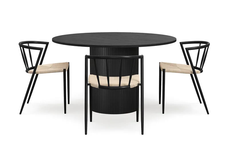 Kopparbo Runt Matbord 130 cm med 4 Winston Matstolar, Svart trä / Beige / Metallben Svart