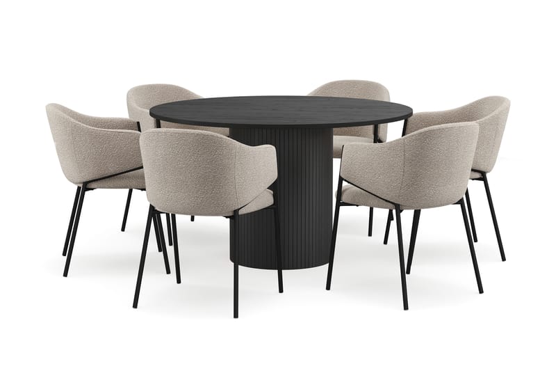 Kopparbo Runt Matbord 130 cm med 6 Filip Matstolar, Svart trä / Taupe Bouclé