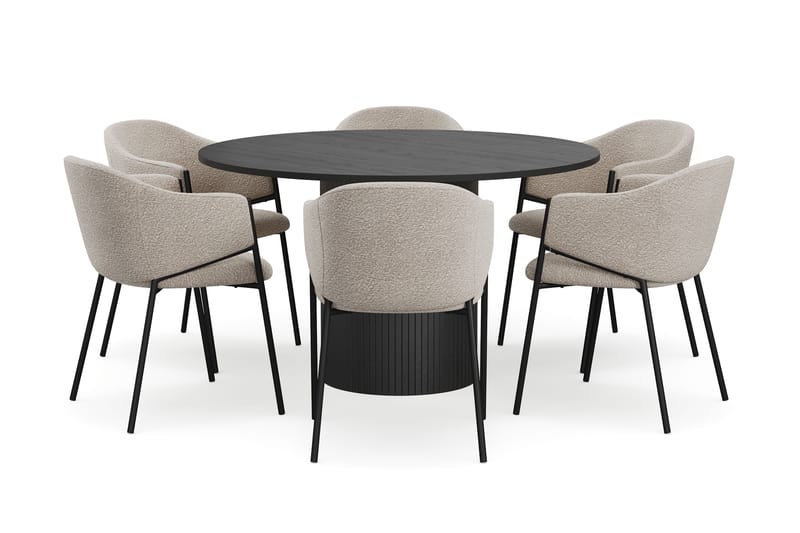 Kopparbo Runt Matbord 130 cm med 6 Filip Matstolar - Svart trä / Taupe Bouclé - Möbler - Bord & matgrupper - Matgrupper