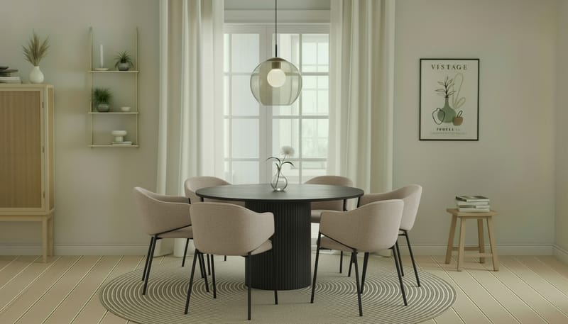 Kopparbo Runt Matbord 130 cm med 6 Filip Matstolar - Svart trä / Taupe Bouclé - Möbler - Bord & matgrupper - Matgrupper