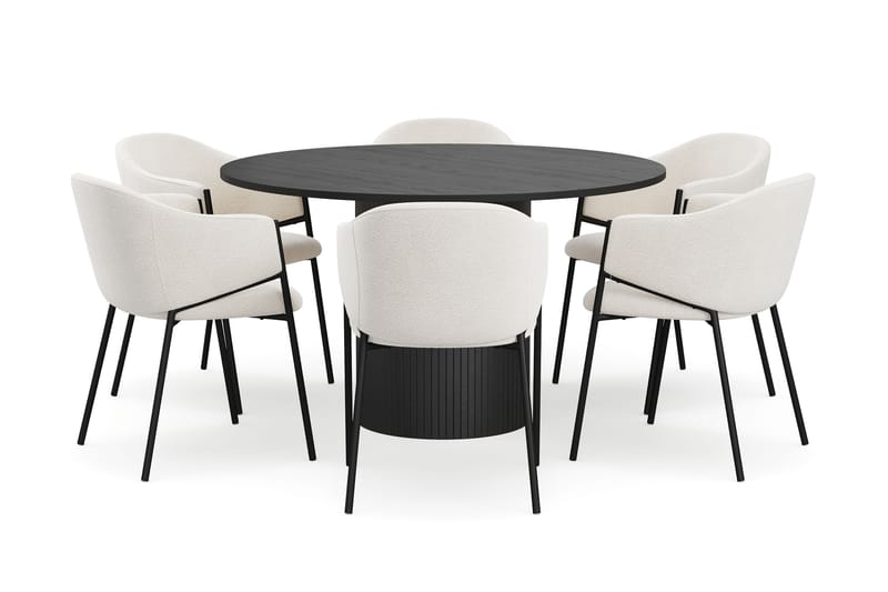 Kopparbo Runt Matbord 130 cm med 6 Filip Matstolar - Svart trä / Vit Bouclé - Möbler - Bord & matgrupper - Matgrupper