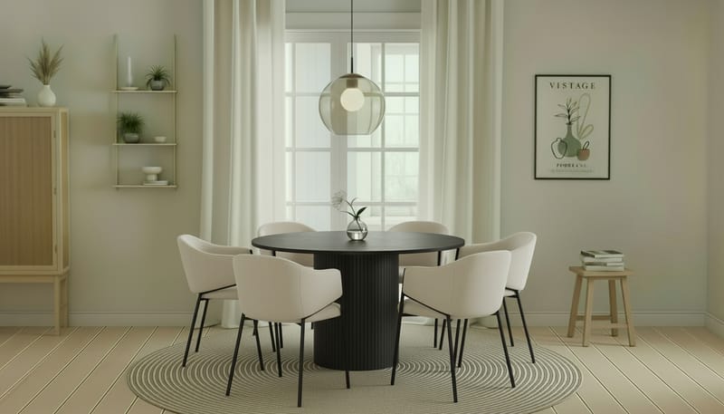 Kopparbo Runt Matbord 130 cm med 6 Filip Matstolar - Svart trä / Vit Bouclé - Möbler - Bord & matgrupper - Matgrupper