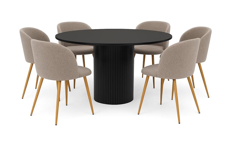 Kopparbo Runt Matbord 130 cm med 6 Greya Matstolar med armstöd, Svart trä / Greige Bouclé / Metallben Ek