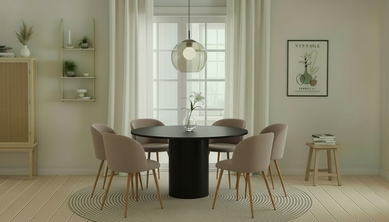 Kopparbo Runt Matbord 130 cm med 6 Greya Matstolar med armstöd - Svart trä / Greige Bouclé / Metallben Ek - Möbler - Bord & matgrupper - Matgrupper