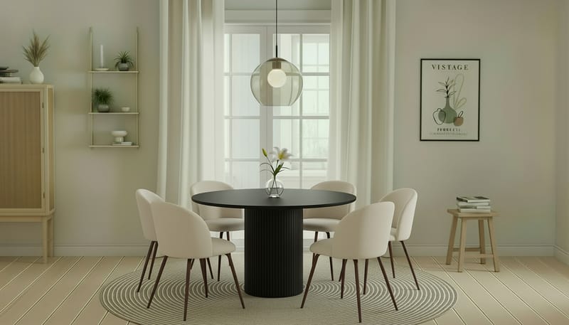 Kopparbo Runt Matbord 130 cm med 6 Greya Matstolar med armstöd - Svart trä / Vit Bouclé / Metallben Valnöt - Möbler - Bord & matgrupper - Matgrupper