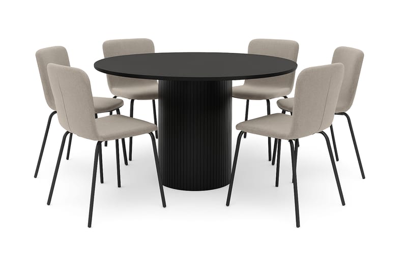 Kopparbo Runt Matbord 130 cm med 6 Katy Matstolar, Svart trä / Greige Bouclé / Metallben Svart