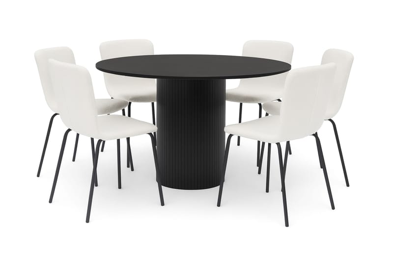 Kopparbo Runt Matbord 130 cm med 6 Katy Matstolar, Svart trä / Vit Boucl�é / Metallben Svart