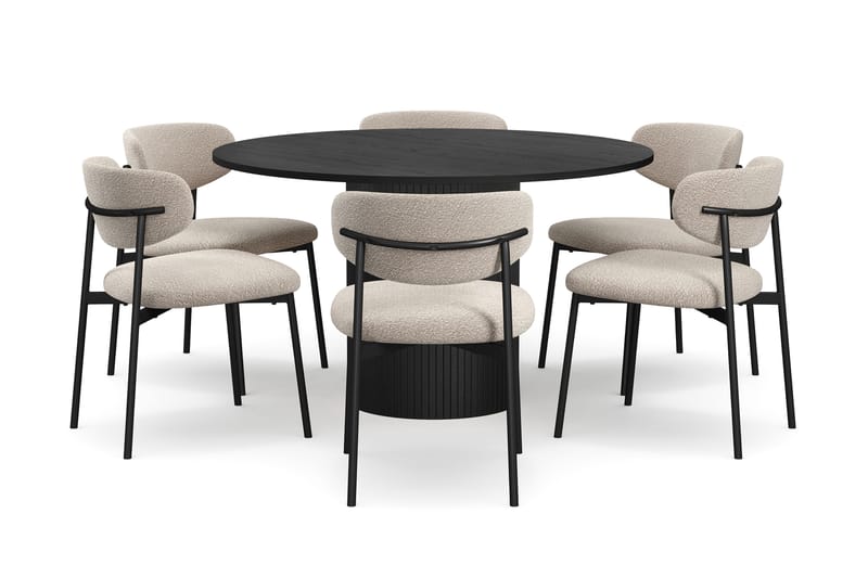 Kopparbo Runt Matbord 130 cm med 6 Lucy Matstolar - Svart trä / Greige Bouclé / Metallben Svart - Möbler - Bord & matgrupper - Matgrupper