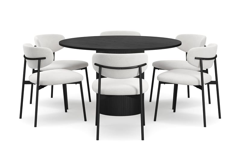 Kopparbo Runt Matbord 130 cm med 6 Lucy Matstolar - Svart trä / Vit Bouclé / Metallben Svart - Möbler - Bord & matgrupper - Matgrupper
