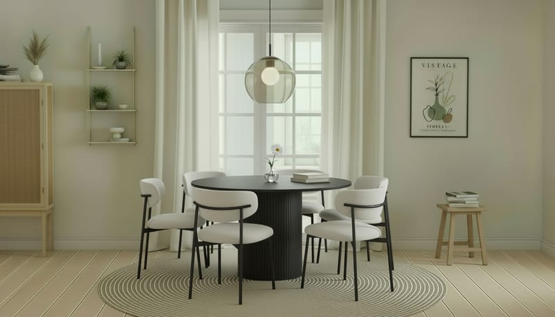 Kopparbo Runt Matbord 130 cm med 6 Lucy Matstolar - Svart trä / Vit Bouclé / Metallben Svart - Möbler - Bord & matgrupper - Matgrupper