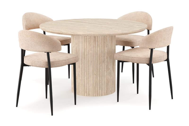 Kopparbo Runt Matbord 130cm Travetin utseende med 4 st Jairam Matstolar - Beige - Möbler - Bord & matgrupper - Matgrupper