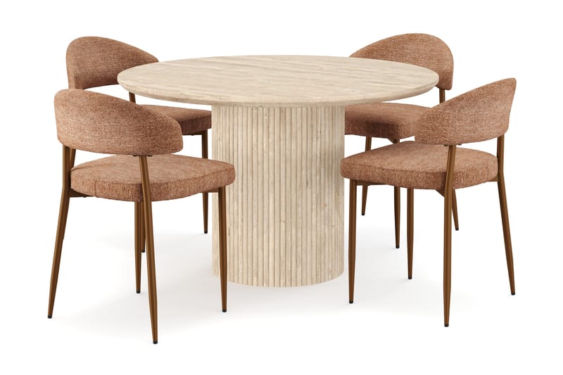 Kopparbo Runt Matbord 130cm Travetin utseende med 4 st Jairam Matstolar - Beige - Möbler - Bord & matgrupper - Matgrupper