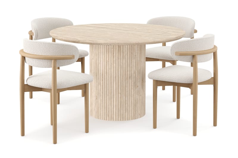 Kopparbo Runt Matbord 130cm Travetin utseende med 4 st Jaiveer Matstolar - Beige - Möbler - Bord & matgrupper - Matgrupper