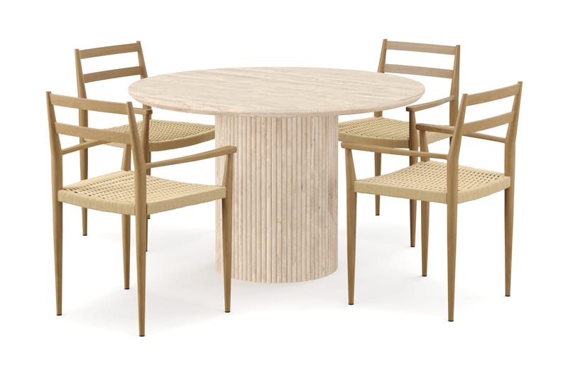 Kopparbo Runt Matbord 130cm Travetin utseende med 4 st Jamna Karmstolar - Beige - Möbler - Bord & matgrupper - Matgrupper