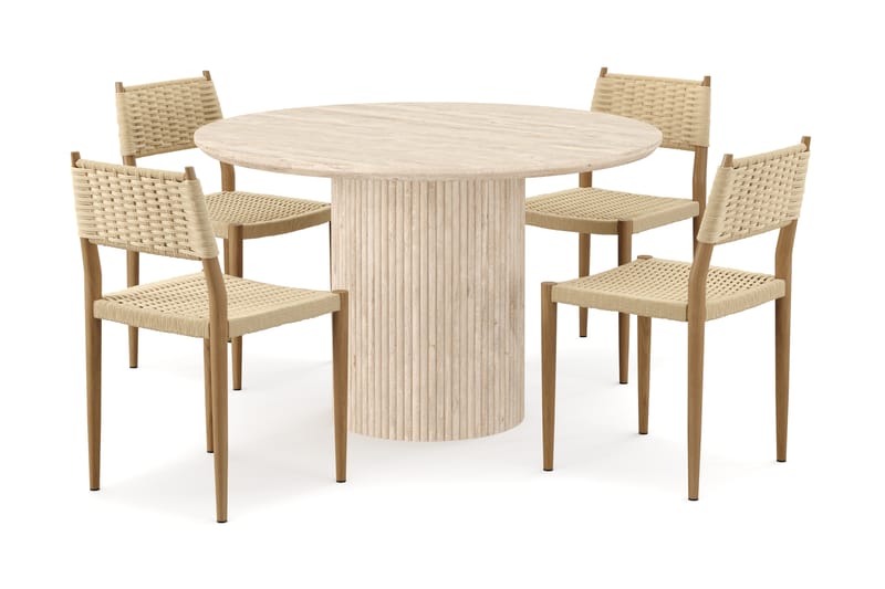 Kopparbo Runt Matbord 130cm Travetin utseende med 4 st Jamna Matstolar - Beige - Möbler - Bord & matgrupper - Matgrupper