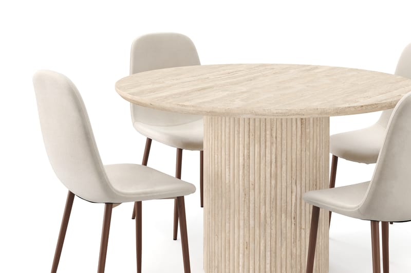 Kopparbo Runt Matbord 130cm Travetin utseende med 4 st Nibe Matstolar - Beige - Möbler - Bord & matgrupper - Matgrupper