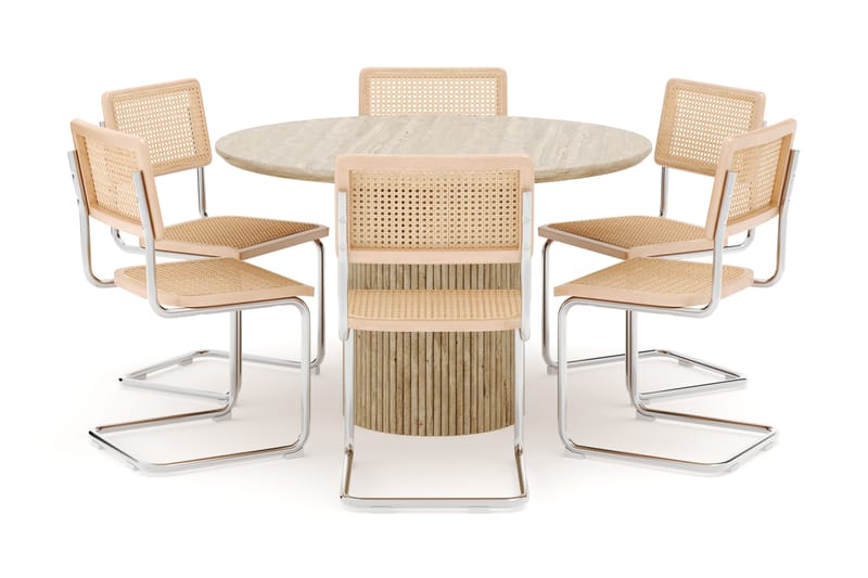 Kopparbo Runt Matbord 130cm Travetin utseende med 6 st Build Matstolar - Beige - Möbler - Bord & matgrupper - Matgrupper