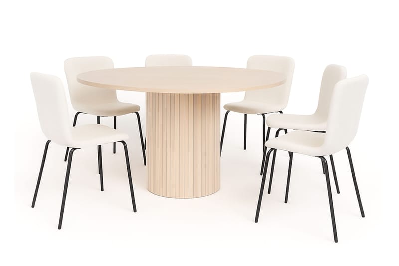 Kopparbo Runt Matbord 150 cm med 4 Katy Matstolar, Vit / Vit Bouclé / Metallben Svart