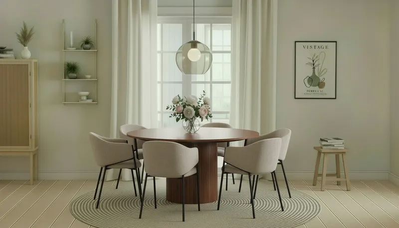 Kopparbo Runt Matbord 150 cm med 6 Filip Matstolar - Valnöt / Taupe Bouclé - Möbler - Bord & matgrupper - Matgrupper