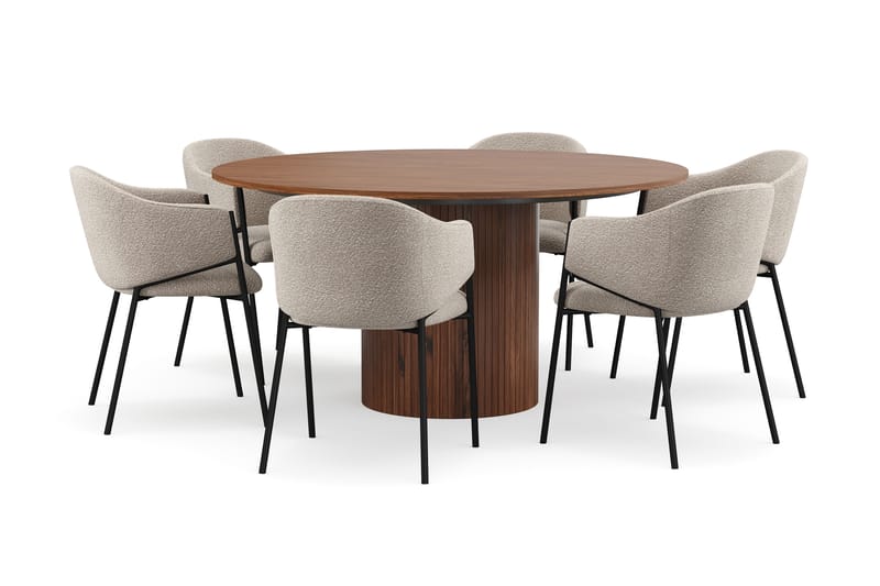 Kopparbo Runt Matbord 150 cm med 6 Filip Matstolar, Valnöt / Taupe Bouclé