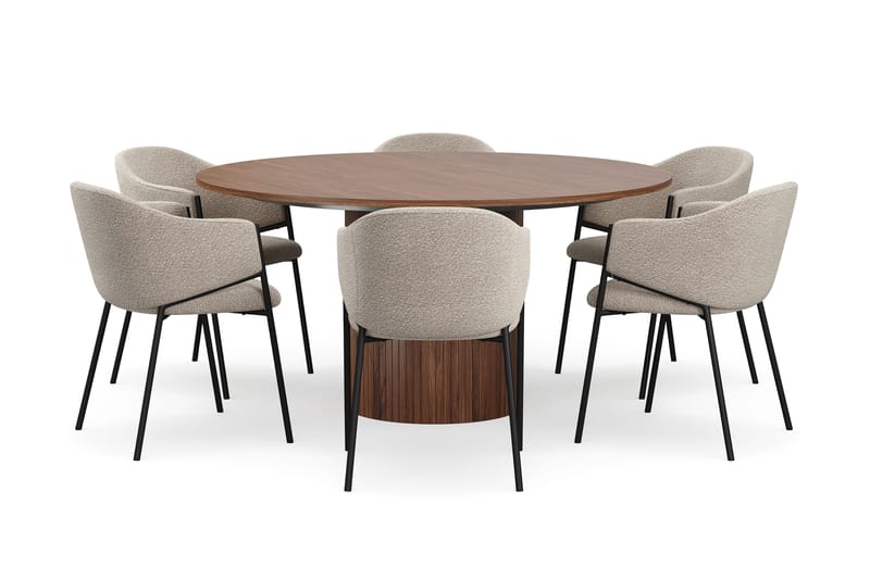 Kopparbo Runt Matbord 150 cm med 6 Filip Matstolar - Valnöt / Taupe Bouclé - Möbler - Bord & matgrupper - Matgrupper