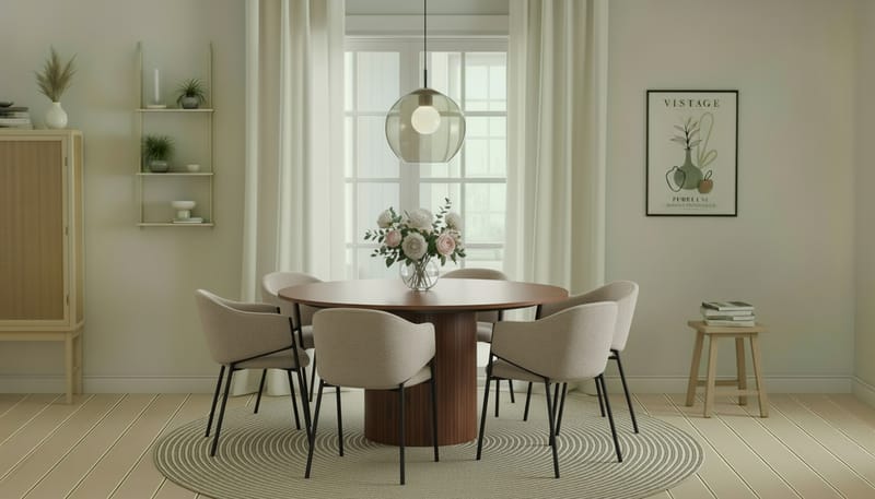 Kopparbo Runt Matbord 150 cm med 6 Filip Matstolar - Valnöt / Taupe Bouclé - Möbler - Bord & matgrupper - Matgrupper