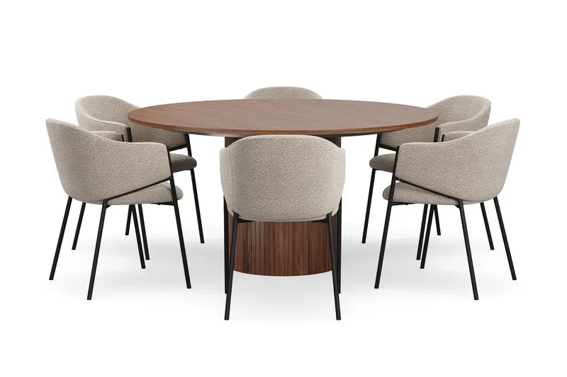 Kopparbo Runt Matbord 150 cm med 6 Filip Matstolar - Valnöt / Taupe Bouclé - Möbler - Bord & matgrupper - Matgrupper